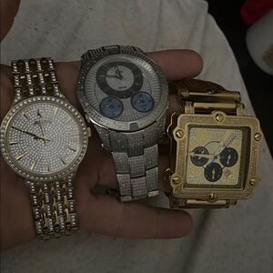 Gold and Silver Watch Trio with Crystal Accents
